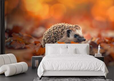 A small hedgehog is nestled among autumn leaves, with a blurred orange and brown background Wall mural