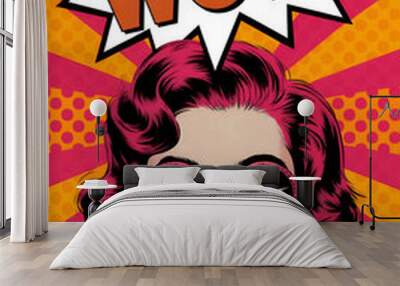 A vibrant pop art image of a woman with bright red hair wearing retro-style sunglasses with the word 