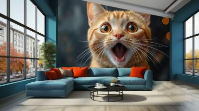 Close-up of a Ginger Cat with Mouth Open and Wide Eyes Wall mural