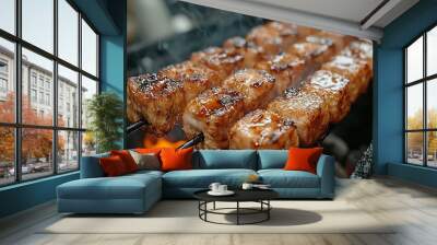 Close-up of Glazed Meat Skewers Grilling Over Embers Wall mural