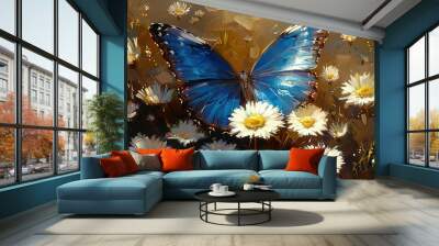 colorful blue tropical morpho butterflies on delicate daisy flowers painted with oil paint Wall mural