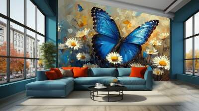 colorful blue tropical morpho butterflies on delicate daisy flowers painted with oil paint Wall mural