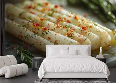 cooked white asparagus with ham and sauce. AI generative Wall mural