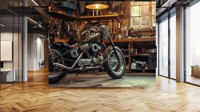 Custom Bobber Motorbike Standing in an Authentic Creative Workshop. Vintage Style Motorcycle Under Warm Lamp Light in a Garage Wall mural