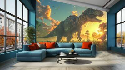 Dinosaurs in the Triassic period age in the green grass land and blue sky background, Habitat of dinosaur, history of world concept Wall mural