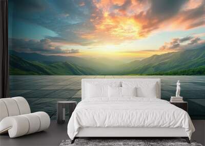 Empty square floor and green mountain with sky clouds at sunset. Panoramic view Wall mural