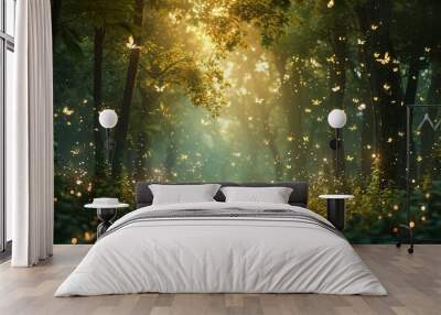 Enchanted forest clearing with fireflies and magical creatures celebrating with fairy dust Wall mural