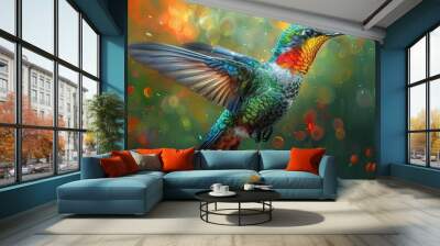 Flying hummingbird with green forest in background. Small colorful bird in flight. Digital art Wall mural