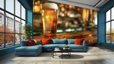 Glass of cold lager beer on bar counter Wall mural