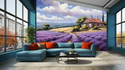 Idyllic landscape painting of a rustic countryside home amidst lavender fields, with cypress trees and rolling hills under a sunny sky Wall mural