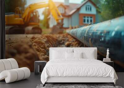 installation of a sewage plastic pipe during the construction of a house. Creative Banner. Copyspace image Wall mural