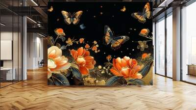 Luxury gold oriental style background vector. Chinese and Japanese wallpaper pattern design of elegant butterflies and peony flower with gradient gold line texture. Design for decoration, wall decor Wall mural