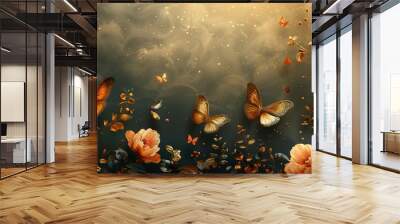 Luxury gold oriental style background vector. Chinese and Japanese wallpaper pattern design of elegant butterflies and peony flower with gradient gold line texture. Design for decoration, wall decor Wall mural