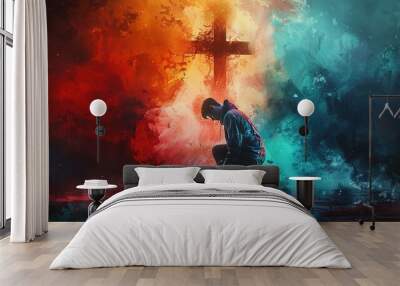 Man kneeling and praying in front of the cross. Digital watercolor painting Wall mural