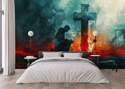 Man kneeling and praying in front of the cross. Digital watercolor painting Wall mural