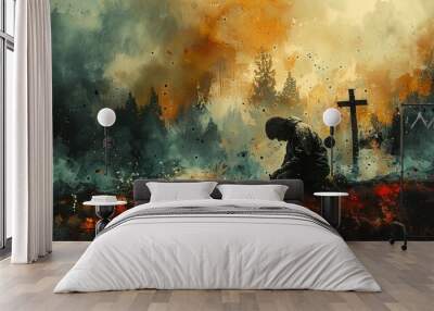 Man kneeling and praying in front of the cross. Digital watercolor painting Wall mural