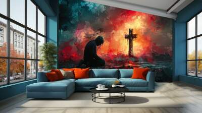 Man kneeling and praying in front of the cross. Digital watercolor painting Wall mural