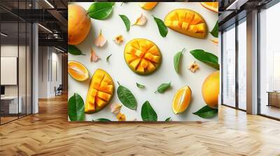 Mango fruit and half with slices isolated on white background. Top view. Flat lay Wall mural