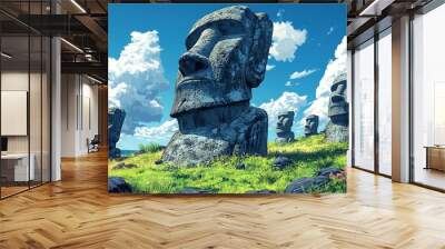 Moai Statues on Easter Island with Grassy Landscape and Blue Sky Wall mural