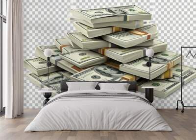 Money Pile of packs of hundred dollar bills stacks isolated on transparent background Wall mural