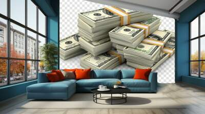 Money Pile of packs of hundred dollar bills stacks isolated on transparent background Wall mural