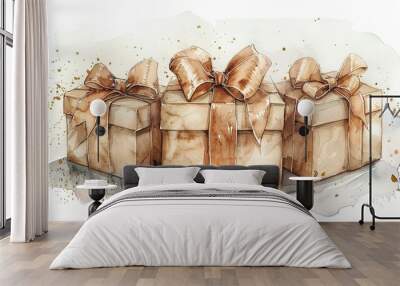 New Year and Happy birthday beige gift boxes with golden bows. Watercolor hand drawing illustration on isolate white background. Realistic element fo design holidays or wedding pastel colors Wall mural