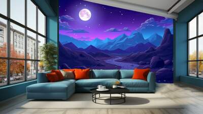 Night mountain landscape with path leading to rocky hills under starry sky with clouds and full moon. Cartoon vector illustration of dark blue dusk scenery with road and rocks under moonlight Wall mural