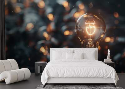 One of Lightbulb glowing among shutdown light bulb in dark area with copy space for creative thinking , problem solving solution and outstanding concept by 3d rendering technique Wall mural