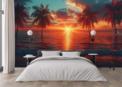 Palm Trees Silhouettes On Tropical Beach At Sunset - Modern Vintage Colors Wall mural