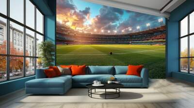 Panoramic highdefinition image of a cricket stadium showing the contrast between daylight and evening atmosphere under stadium lights. Concept Cricket Stadium, Daylight vs Evening Wall mural