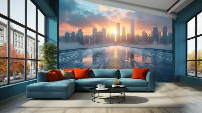 Panoramic skyline and modern commercial buildings with empty road. Asphalt road and cityscape at sunrise  Generative AI Wall mural