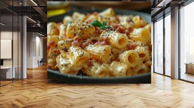 Piatto di deliziosi rigatoni alla carbonara, una ricetta tradizionale di pasta con salsa di uovo, guanciale, pecorino e pepe nero della cucina romana, pasta italiana, cibo europeo Wall mural