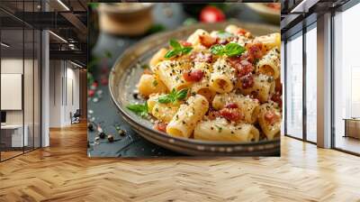 Piatto di deliziosi rigatoni alla carbonara, una ricetta tradizionale di pasta con salsa di uovo, guanciale, pecorino e pepe nero della cucina romana, pasta italiana, cibo europeo Wall mural