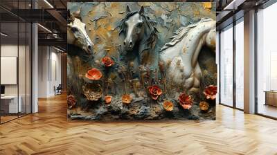 Plants, animals, horses, metal elements, texture background, modern paintings Wall mural