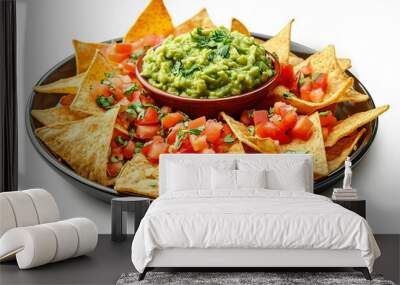 Plate of freshly made spicy nachos with guacamole isolated on transparent background Wall mural