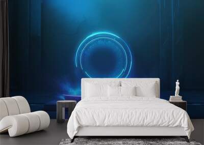 Podium light hologram tech technology background portal circle cyberpunk effect digital. Game element podium hologram light blue hud vector 3d future futuristic data concept neon vr fi abstract cyber Wall mural