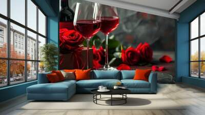 red flower roses next to a wine gift box two wine glasses holding wine Valentine's or woman day Ai generated Wall mural