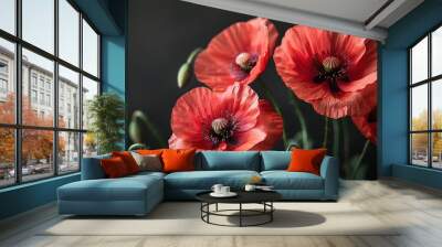 Red poppies on black background. Remembrance Day, Armistice Day symbol Wall mural