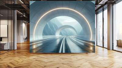 Rendering of 3D architectural tunnel on highway with empty asphalt road Wall mural