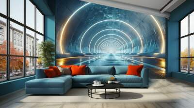 Rendering of 3D architectural tunnel on highway with empty asphalt road Wall mural