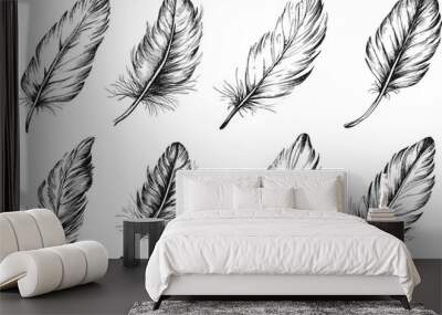 Set of bird feather sketch on white background Wall mural