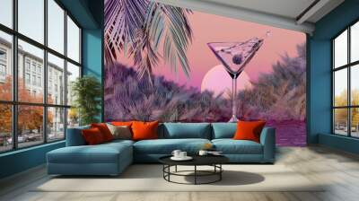 Splashing drink sitting in water on tropical sunset Wall mural