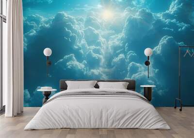 Stairway to heaven in heavenly concept. Religion background. Stairway to paradise in a spiritual concept. Stairway to light in spiritual fantasy. Path to the sky and clouds. God light Wall mural