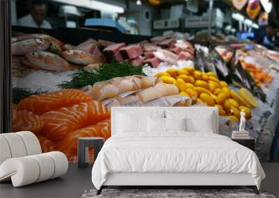 Stunning Fresh fish and seafood stall in The Central Market of Cadiz. It is the oldest covered market in Spain Wall mural