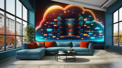 Technology networking and digital communication in business with cloud computing concept web storage for data global social media ai server online binary illustration background modern futuristic Wall mural