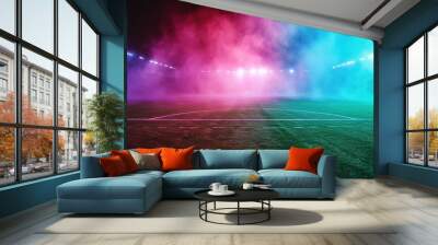 textured soccer game field with neon fog - center, midfield Wall mural