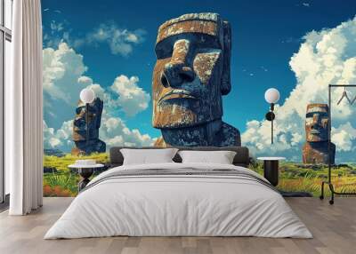 Three Moai Statues on Easter Island with a Cloudy Sky Wall mural