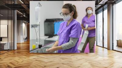 Two female veterinarians preparing the operating room Wall mural