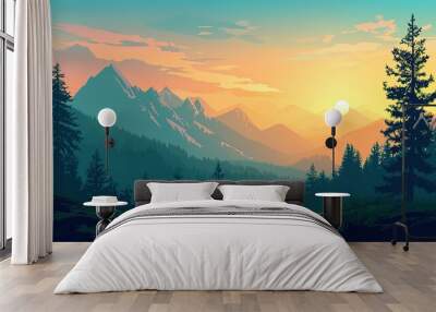 Vector illustration of a mountain landscape at sunset Wall mural