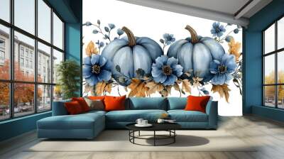 Watercolor illustration of two blue pumpkins with fall leaves and flowers Wall mural